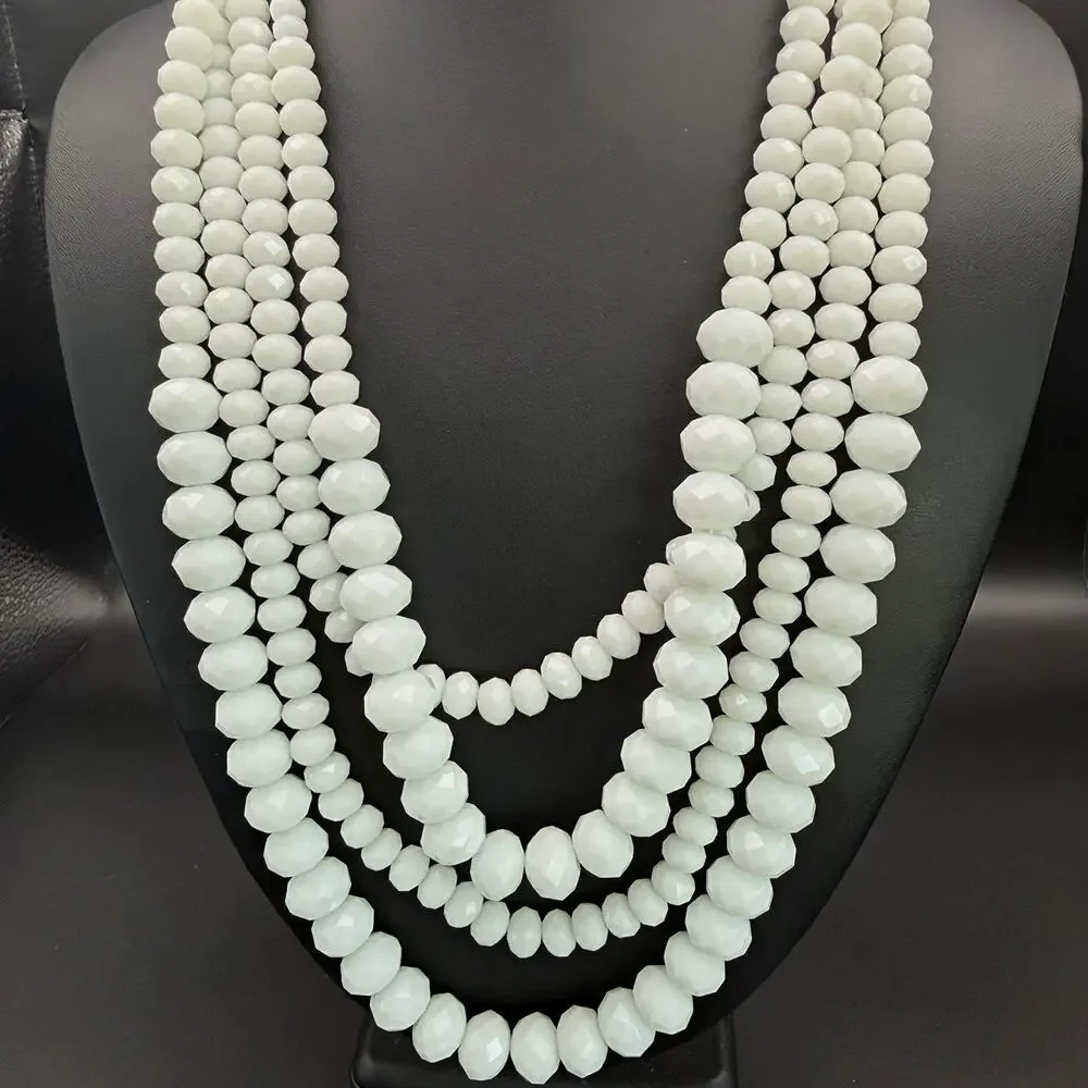 Talbots 4 Strand White Glass Statement Necklace Chunky Faceted Layered Bib 20 25
